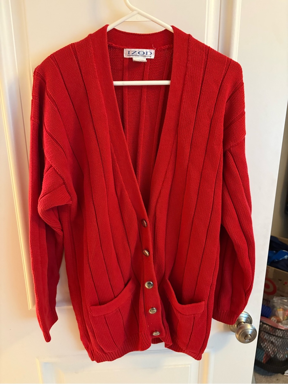 Vintage Izod Bright Red Ribbed Button-Front Cardigan